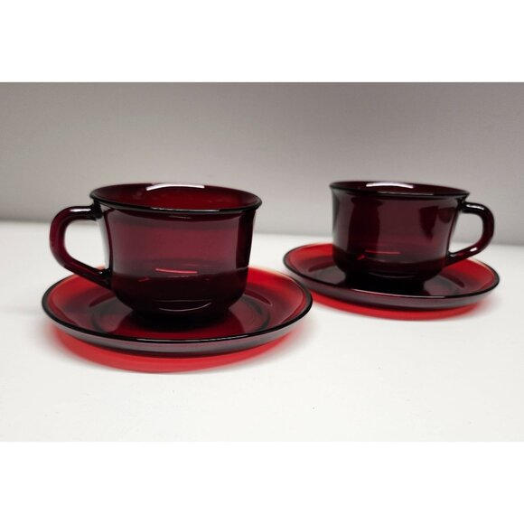 Ruby Red Glass Arcoroc France Classique Design Cup & Saucer Sets - Picture 1 of 10
